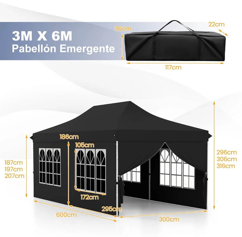 Tenda 600 x 300 cm pop-up com 6 paredes laterais removíveis para festas, casamentos, eventos com bolsa Preta