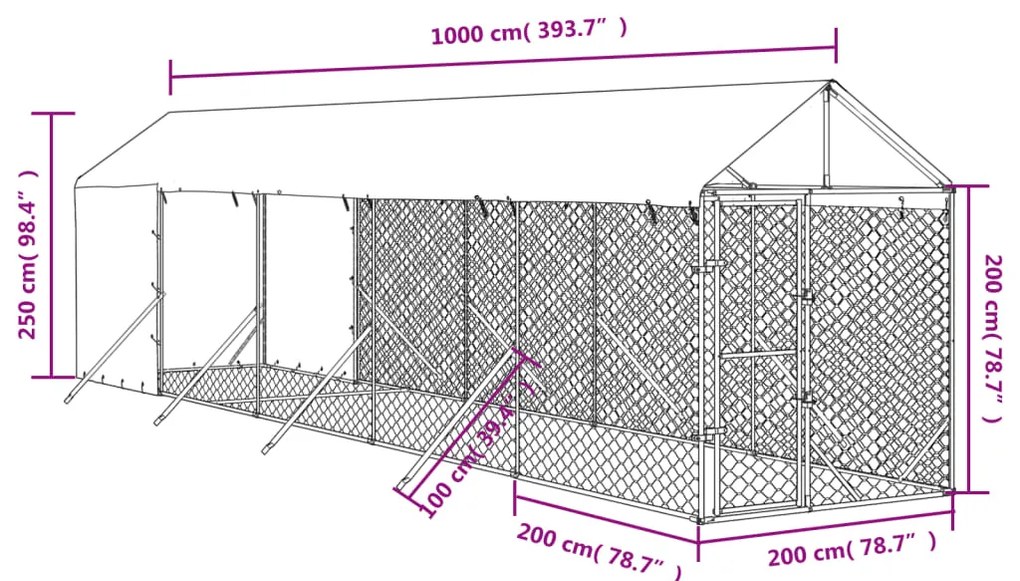 Canil de exterior com teto 2x10x2,5 m aço galvanizado prateado