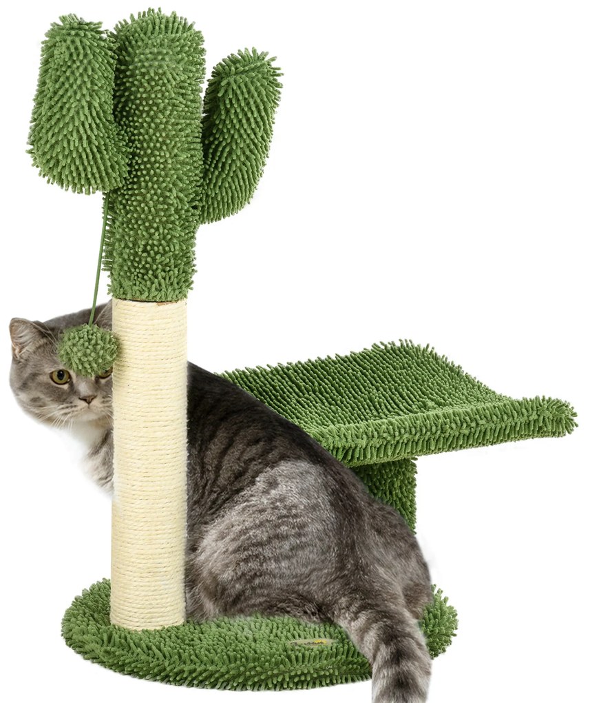 PawHut Arranhador para Gatos em Forma de Cactus de 55,5 cm com Poste de Sisal Cama e Bola de Brinquedo 35x31x55,5 cm Verde