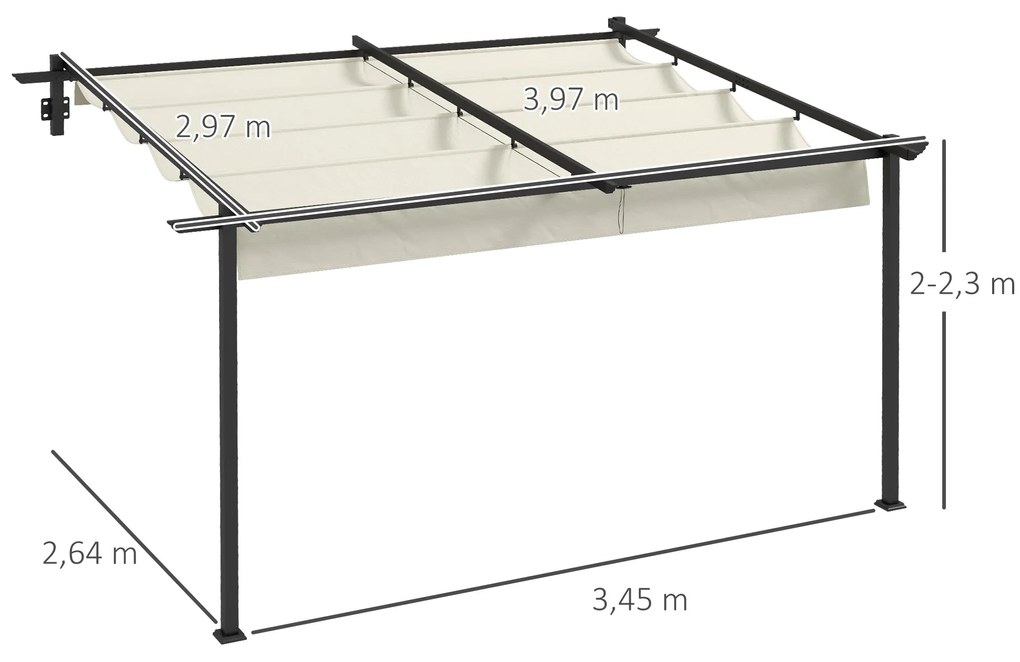Pérgola de Parede 4x3 m Pérgola de Jardim com Teto Retrátil de Poliéster e Estrutura de Aço Creme e Cinza Escuro