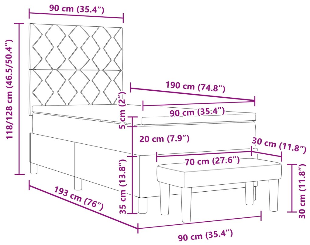 Cama Box Spring com Colchão e Banco Cinza Escura 90x190 cm Veludo