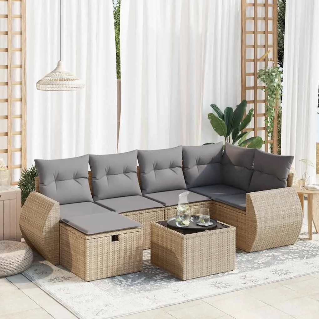 7 pcs conjunto de sofás p/ jardim com almofadões vime PE bege