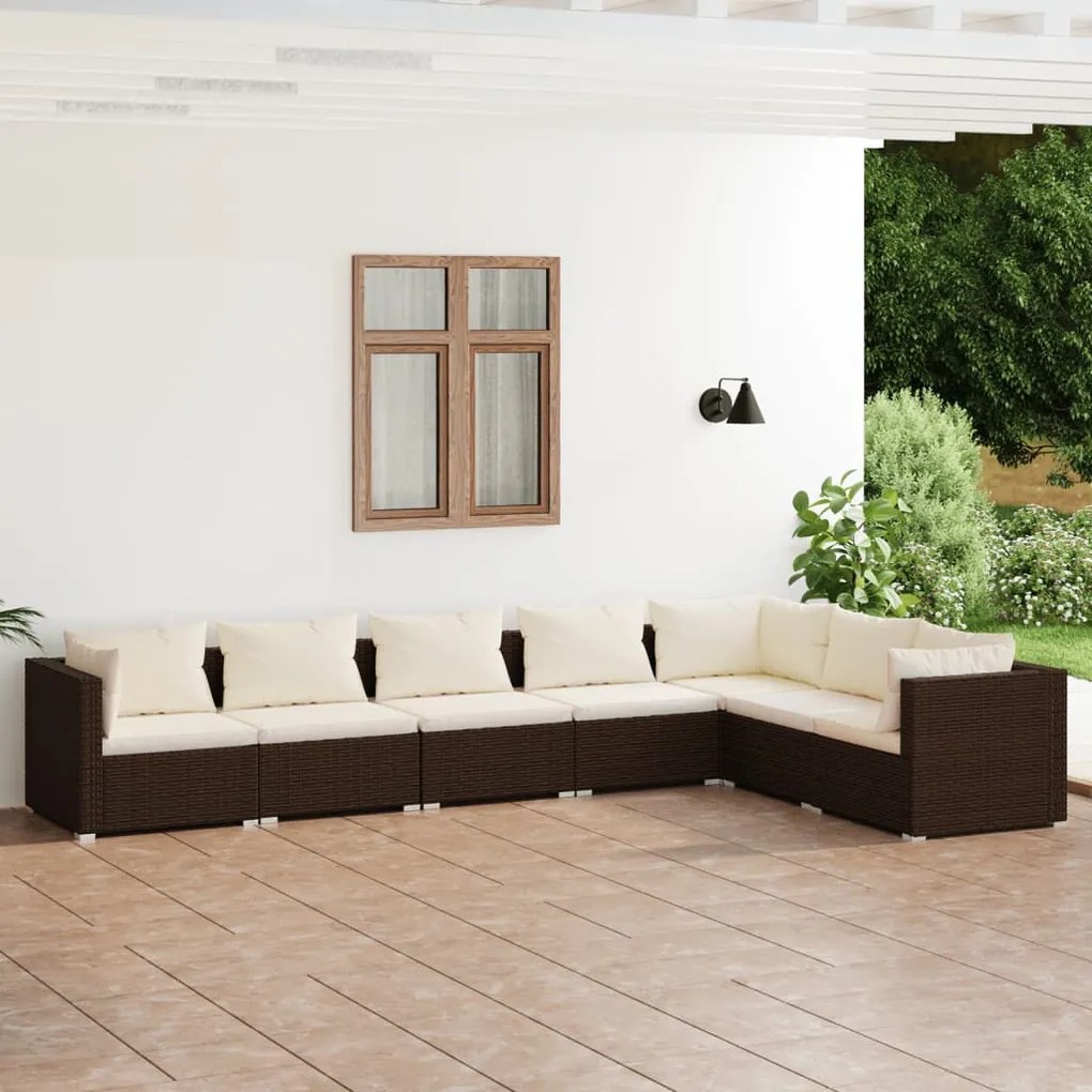 vidaXL 7 pcs conjunto lounge jardim c/ almofadões vime PE castanho