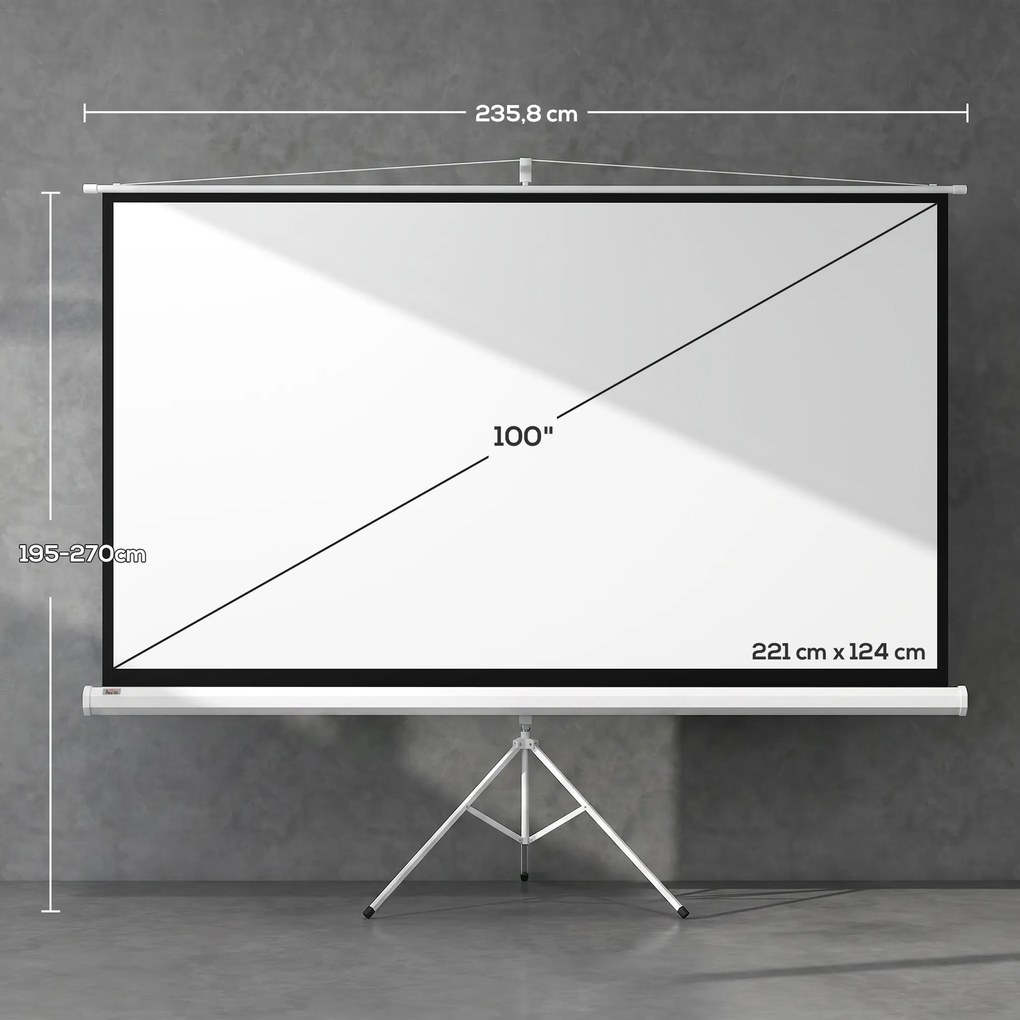 Ecrã de Projeção com Suporte Portátil 100 Polegadas Formato 16:9 Altura Ajustável 221x124 cm Branco