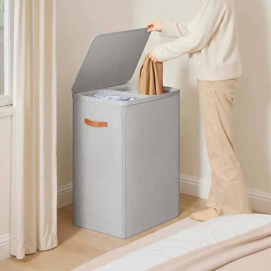 Cesto para roupa suja 170 L com 2 compartimentos 56 x 40 x 75 cm Cinzento