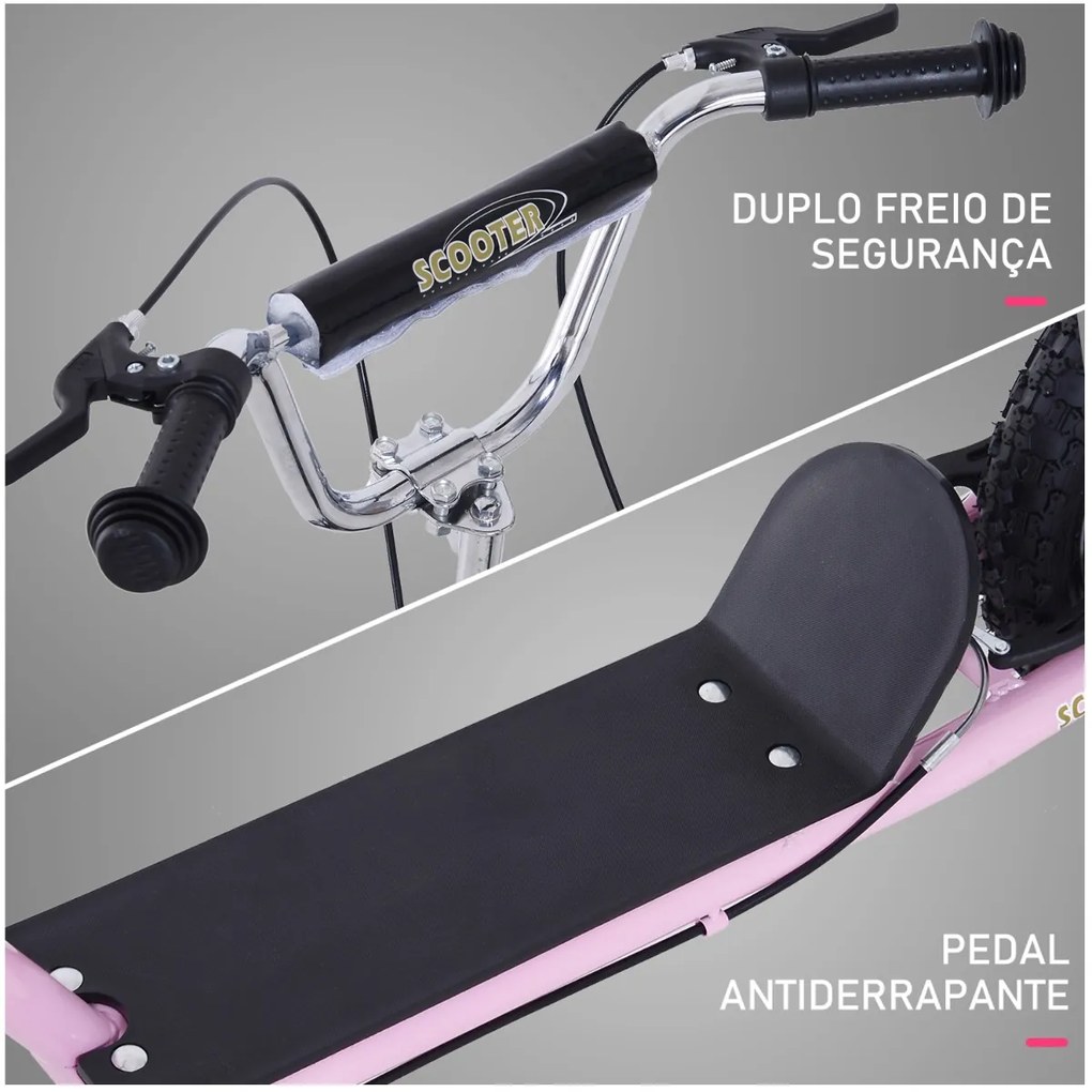 Trotinete para Crianças acima de 5 anos Scooter de 2 Rodas Grandes Insufláveis de 16 Polegadas com Freios e Guidão Ajustável em Altura 143x58x92-100cm