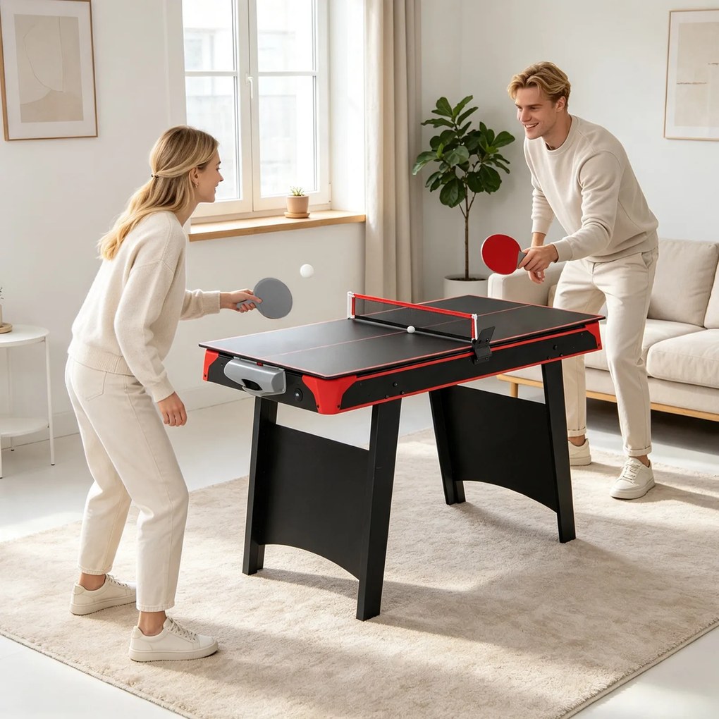 Mesa de Multijogos 2 em 1 de Hóquei Aéreo e Ténis de Mesa, 107 x 55 x 77 cm, Pontuação Através de Aplicação, Vermelho+Preto