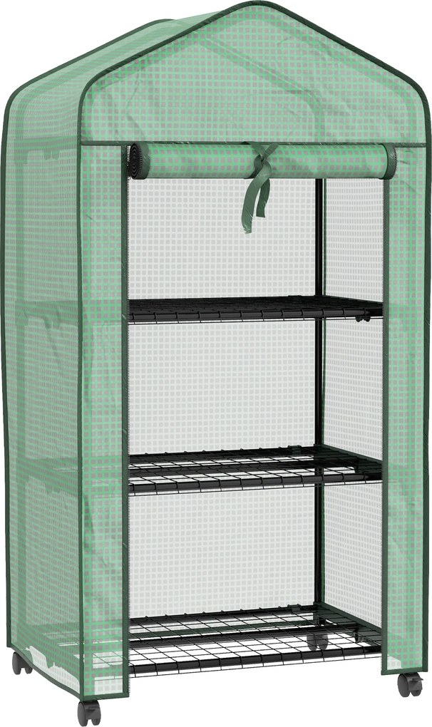 Outsunny Mini estufa de jardim com 3 prateleiras, capa PE de alta densidade, porta enrolável, 4 rodízios, dim. 69L x 49l x 130H cm | Aosom Portugal