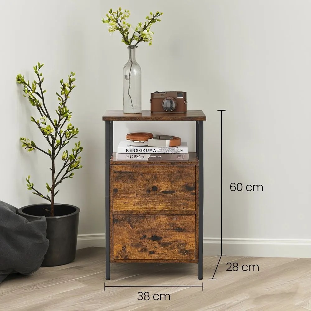 Mesa de cabeceira, mesa de apoio, com 2 gavetas 38 x 28 x 60 cm Castanho Vintage -preto