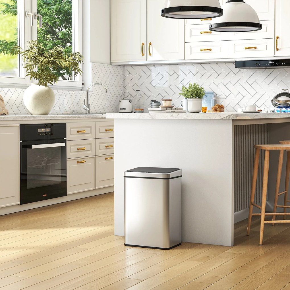 Caixote do lixo com sensor de 40 L, tampa com fecho suave, caixote do lixo de cozinha automático em aço inoxidável, prateado