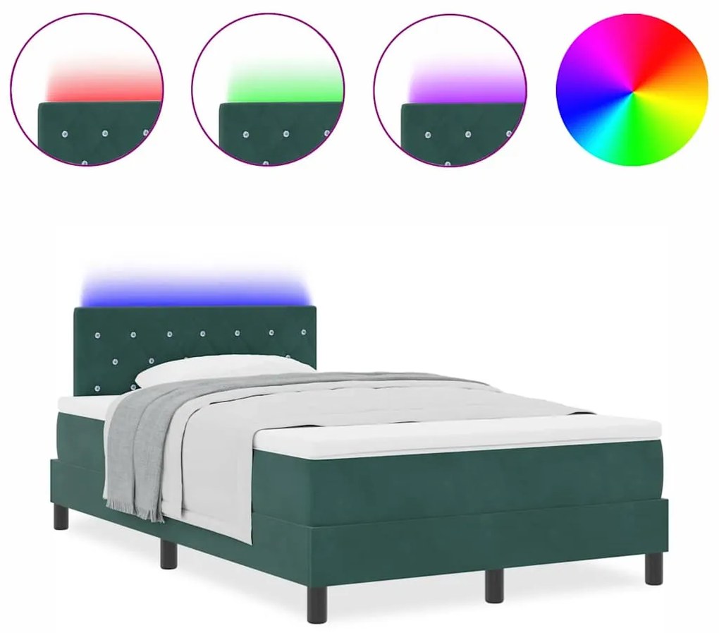 Cama Box Spring vidaXL com Colchão e LED Verde Escuro 120x200 cm Velud