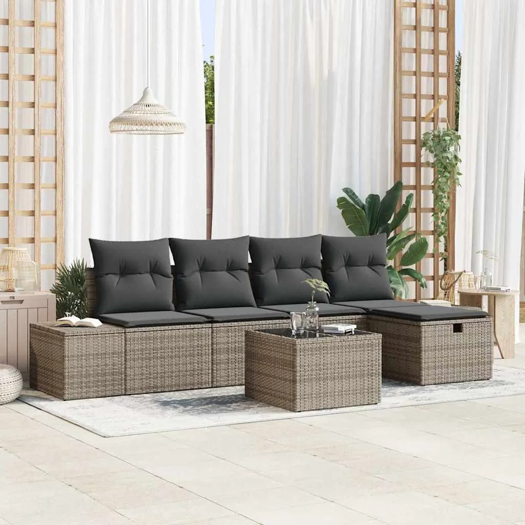 vidaXL Conjunto de Sofá de Jardim com 6 Peças e Almofadas Cinzas em Rattan Sintético