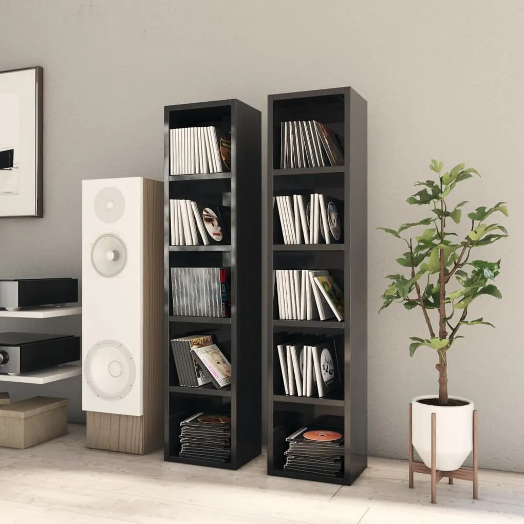 802703 vidaXL Armários CD 2 pcs 21x16x93,5 cm contraplacado preto brilhante