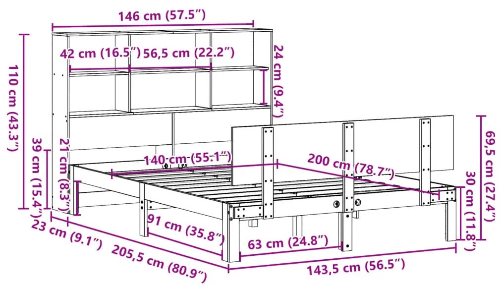 Cama com estante sem colchão 140x200 cm pinho maciço