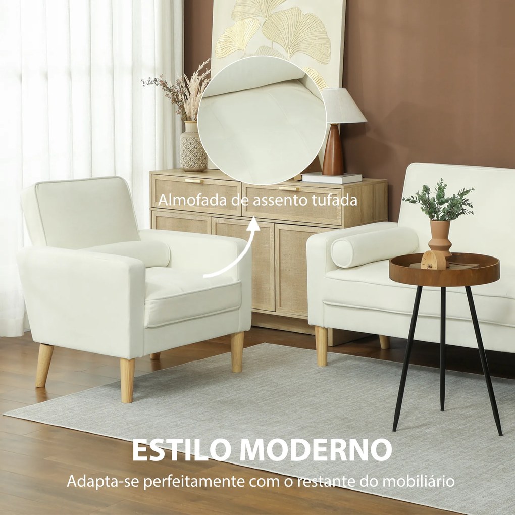 Sofá Sala de Estar Estofada em Veludo Poltrona de Leitura com Assento com Botões e Pés de Madeira 76x79x82 cm Creme