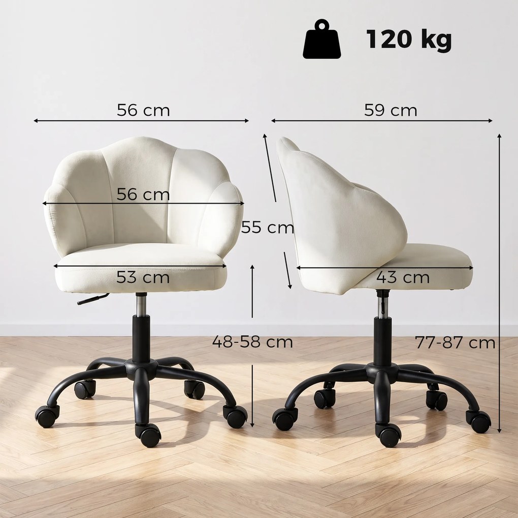 Cadeira de Escritório e Toucador com Encosto em Pétala, 59 x 56 x 87 cm, Altura Regulável, Creme