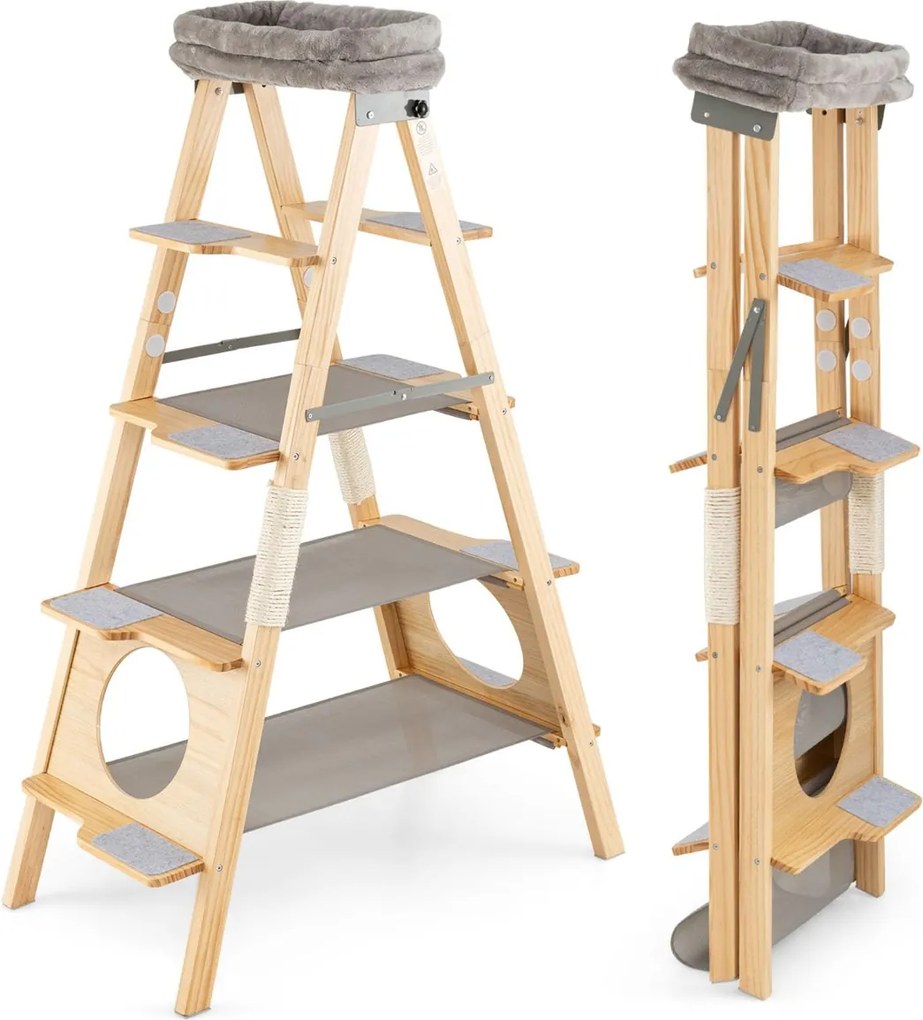 Arranhador para gatos em madeira dobrável com escada Torre alta em pinho maciço de 5 níveis cinzento