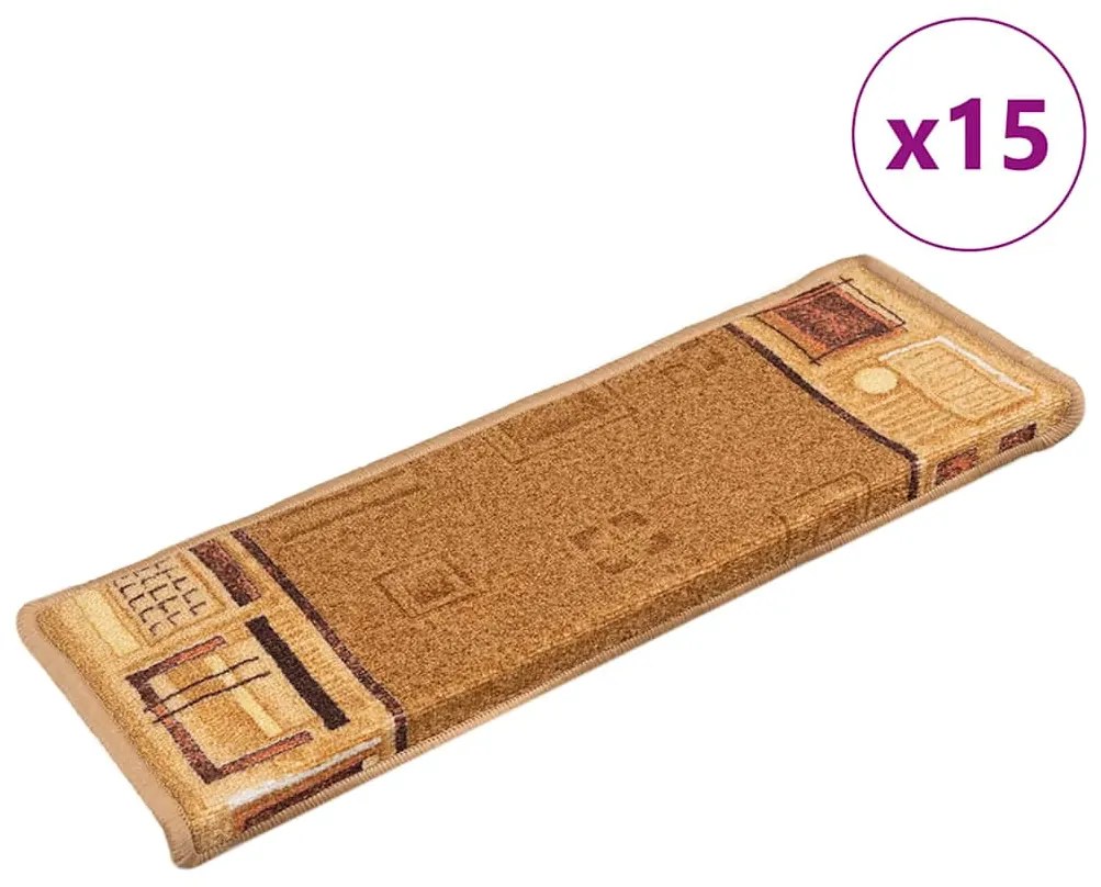 Tapetes de escada autoadesivos 15 pcs 65x21x4 cm bege