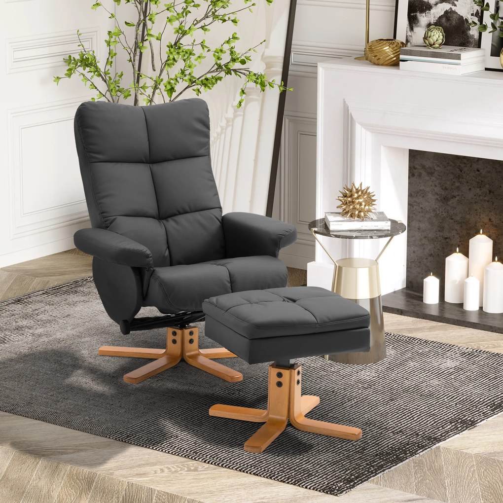 Poltrona relax reclinável, poltrona de sala com apoio para os pés, pufe, compartimento de arrumação e revestimento sintético na cor preta