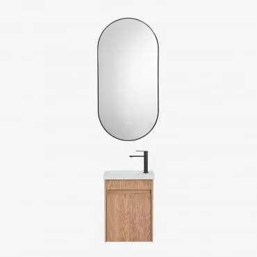 Conjunto De Móvel De Casa De Banho Suspenso Em Madeira Com Lavatório Integrado Narek Castanho Fresno & Ovale Led E Antifog Preto 50x100 Cm - Sklum