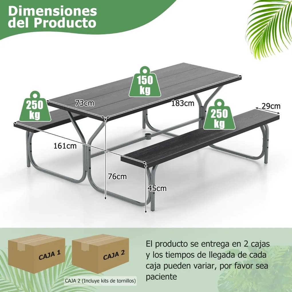 Conjunto jardim de 2 bancos e mesa para 8 pessoas com estrutura metálica Buraco para guarda-sol Preto