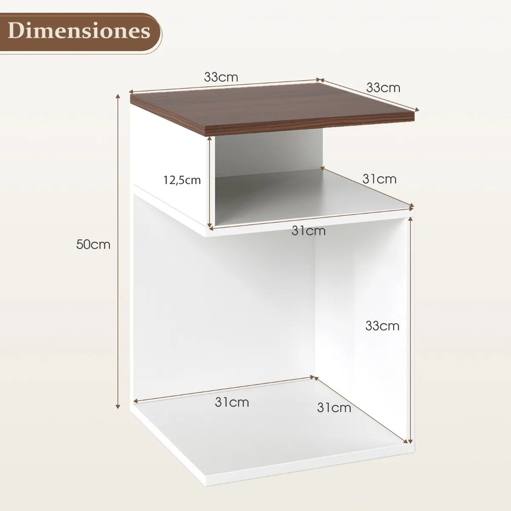 Mesa de cabeceira 33 x 33 x 50 cm em forma de S com 2 compartimentos abertos branca e cor nogueira