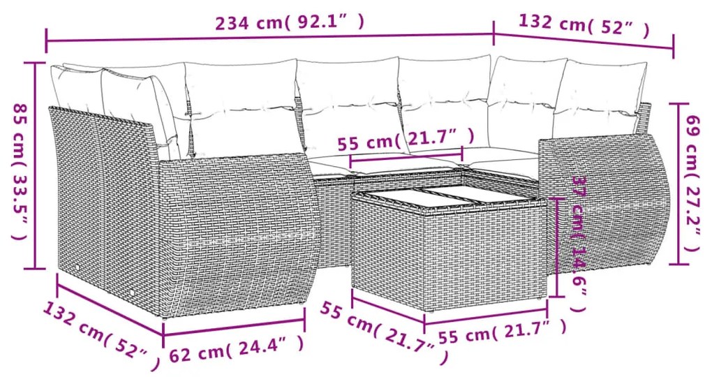 7 pcs conjunto de sofás p/ jardim com almofadões vime PE bege