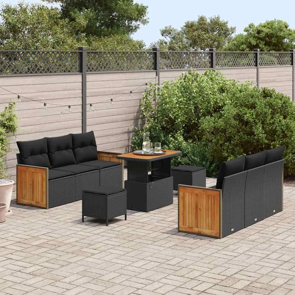 Conjunto de Sofá de Jardim VidaXL de 9 Peças com Almofadas Preto Polir
