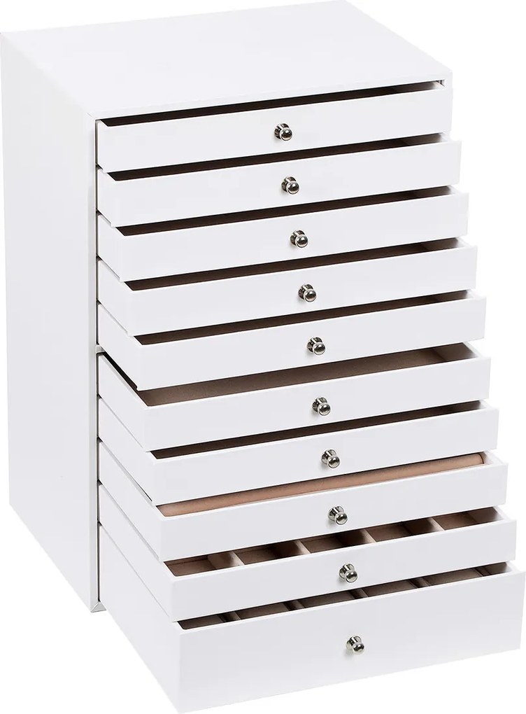 Caixa para joias com 10 gavetas, 40,5 x 29 x 20,5 cm branca