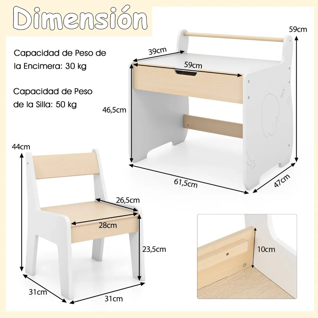 Conjunto de mesa e cadeira infantil de madeira 2 em 1 para crianças com tabuleiro removível, branco