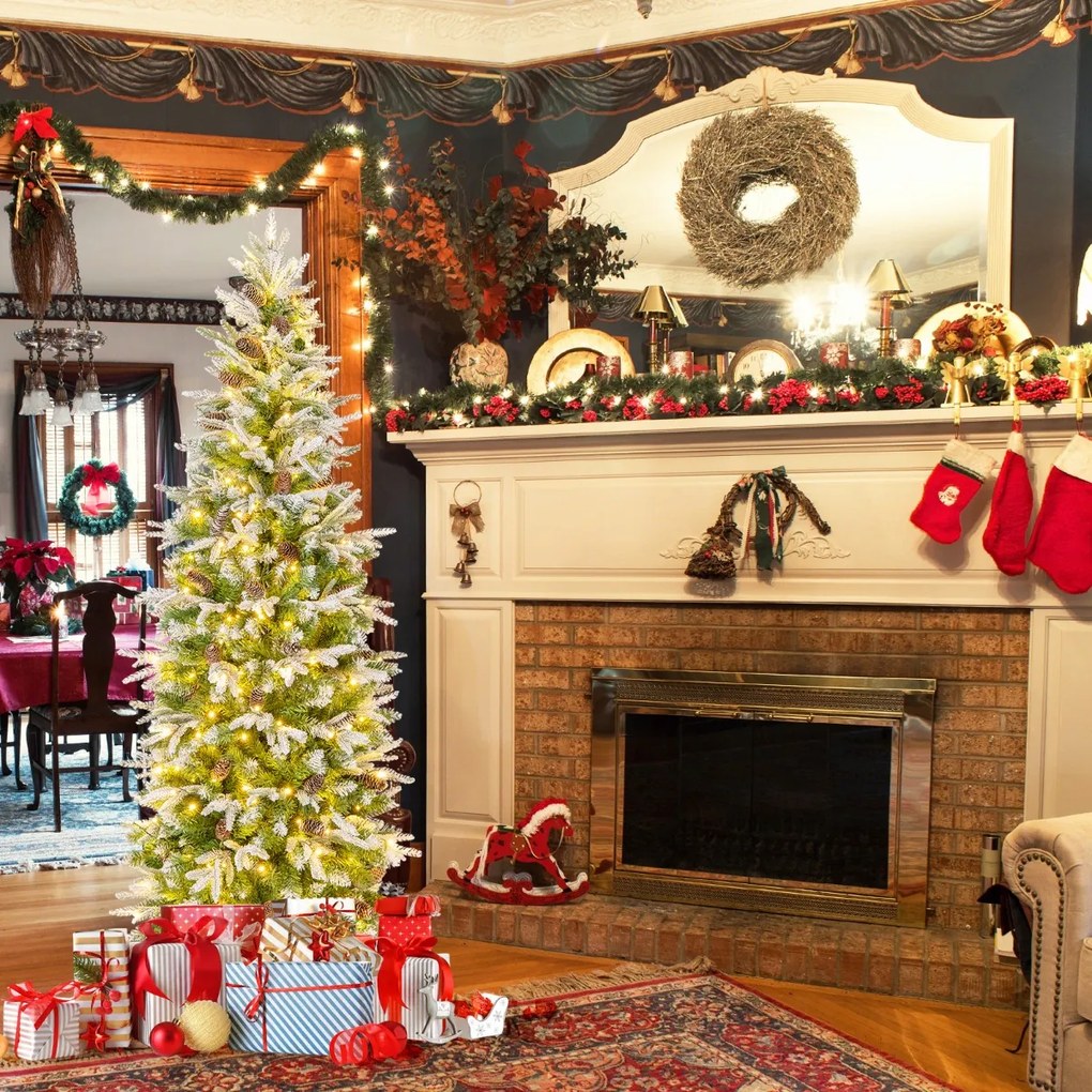 Árvore de Natal pré-iluminada de 190 cm com 280 luzes LED Neve simulada 671 ramos articulados e 60 pinhas Árvore fina Verde