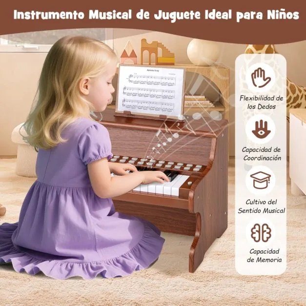 Piano de brincar com 25 teclas para crianças 38 x 24 x 29 cm, com suporte e modo de aprendizagem, velocidade e volume ajustáveis, design em madeira Ca