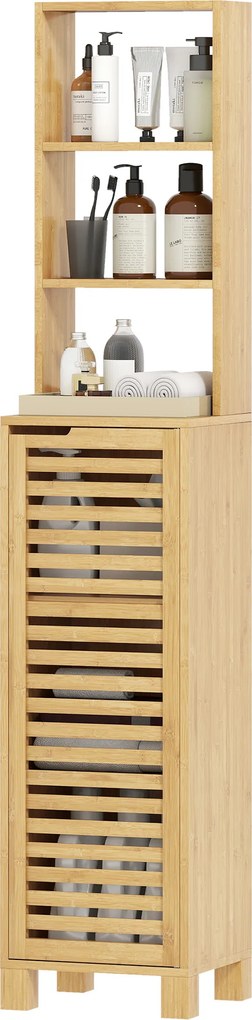 Coluna Casa de Banho de Bambu com 3 Prateleiras Abertas Portas de Ripas Prateleiras Ajustáveis 34x30x170 cm Madeira