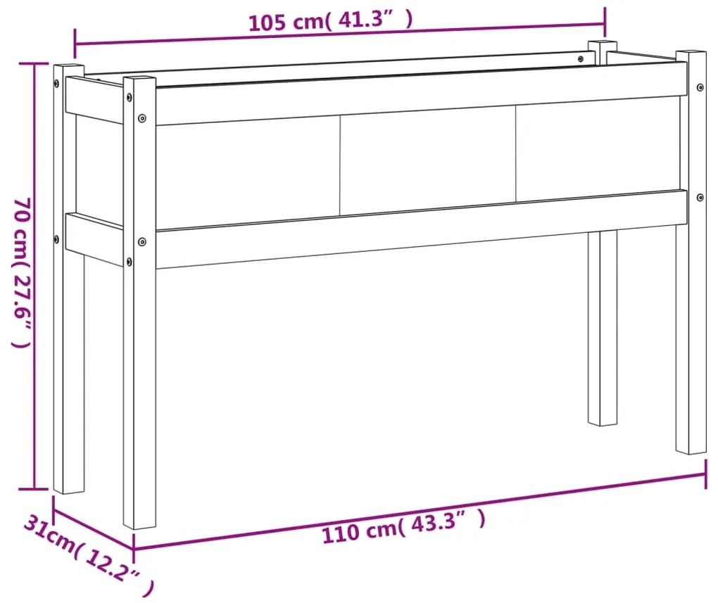 Vaso/floreira de jardim com pernas 110x31x70 cm pinho maciço