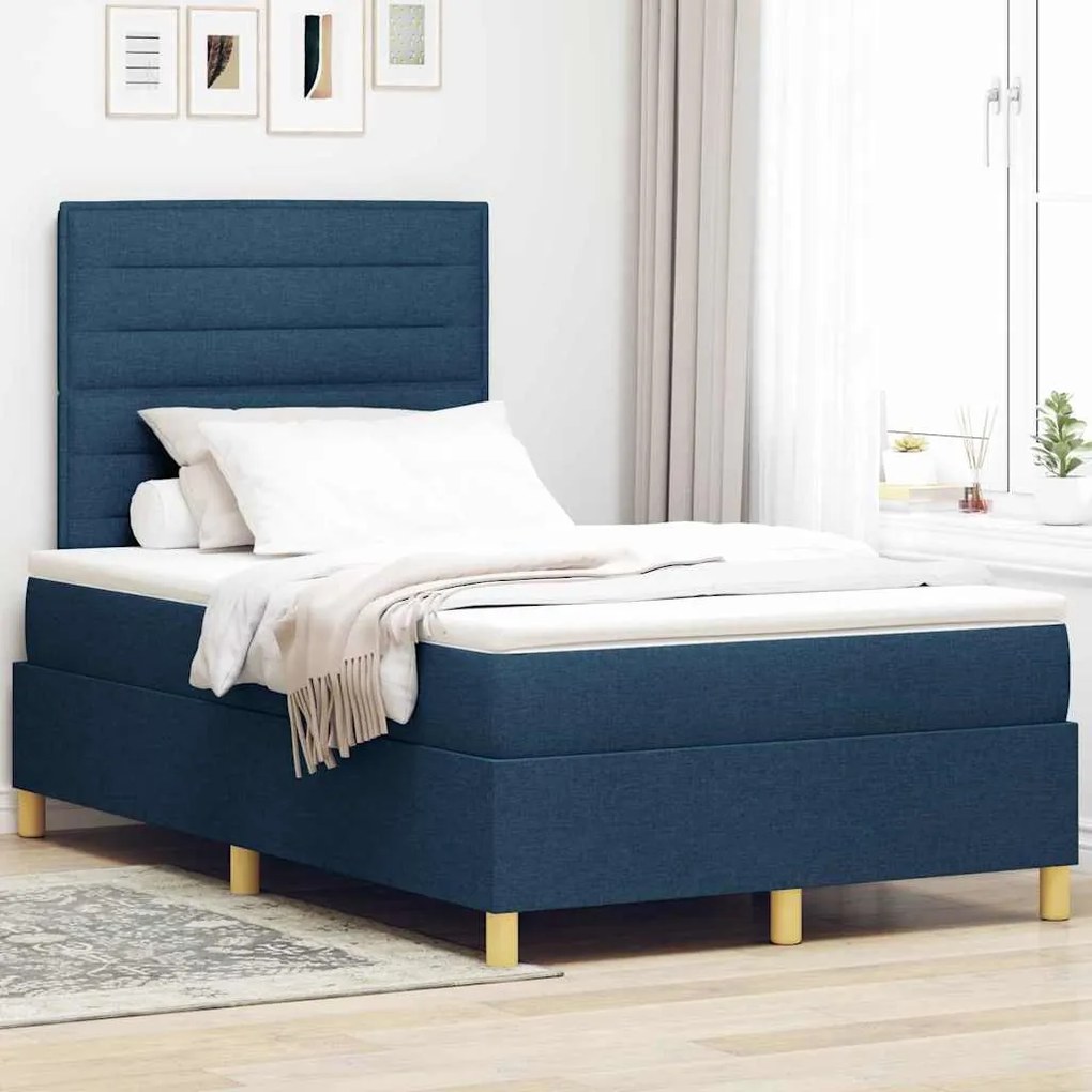 vidaXL Cama Box Spring LED com colchão Azul 120 x 190 cm tecido