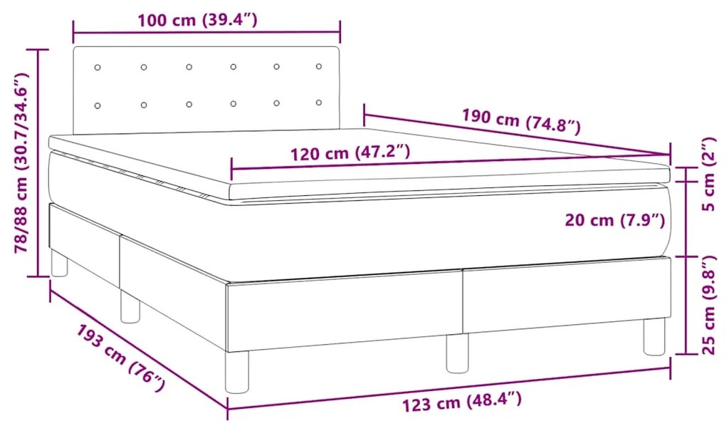 Cama box spring colchão LED 120x190cm couro artif. cinza-escuro