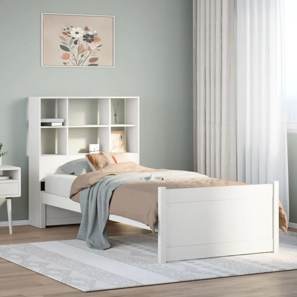 vidaXL Cama com estante sem colchão 90x200 cm pinho maciço branco