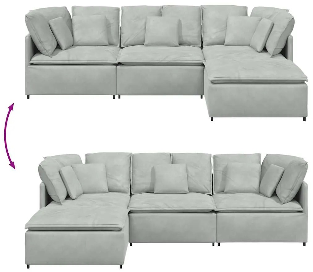 Sofá modular com pufes e almofadas veludo cinzento-claro