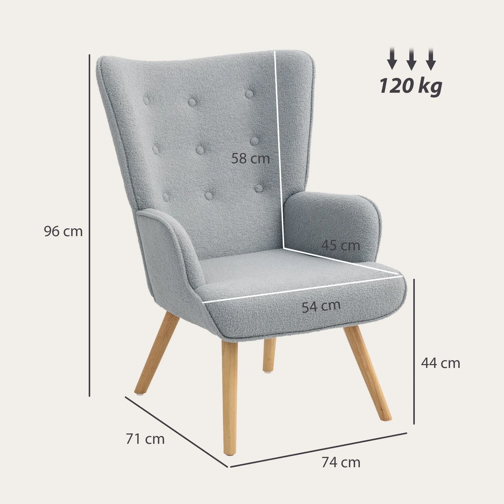 Poltrona de sala em tecido bouclé, poltrona estofada com pés de madeira, 71 x 74 x 96 cm, cinzento claro
