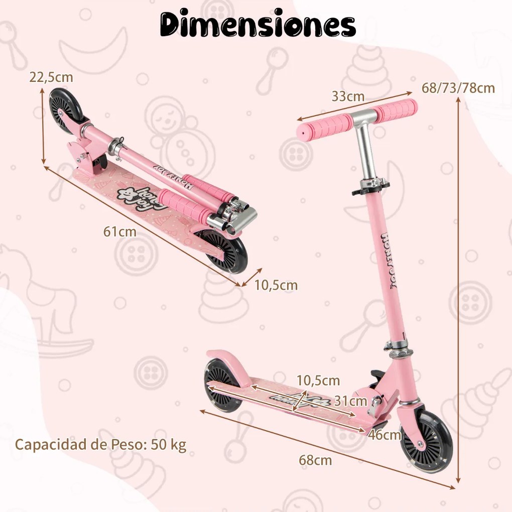 Trotinete dobrável para crianças com 2 rodas intermitentes Guiador ajustável Sistema de travão traseiro com apoios para os pés para crianças a partir