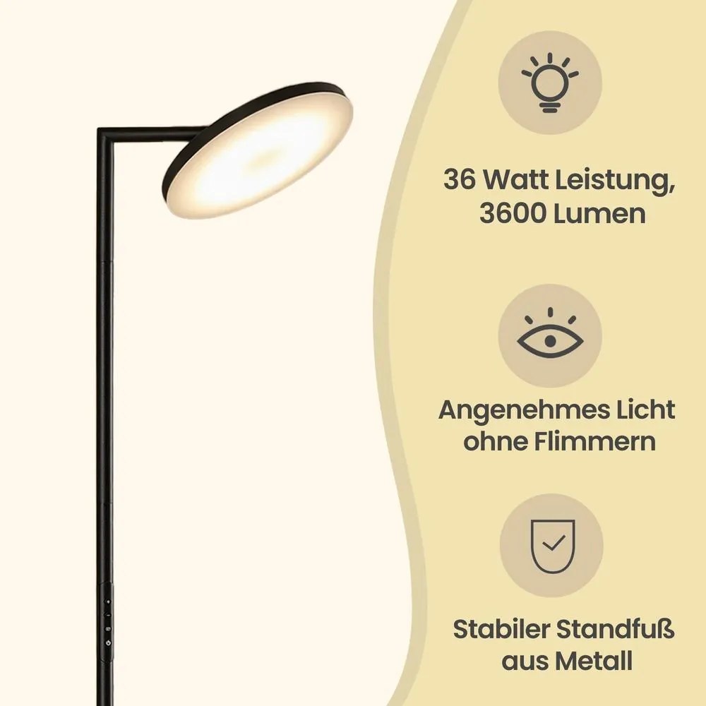 Candeeiro de pé LED com altura ajustável 25 x 25 x (148-176) cm, candeeiro de pé com cabeça giratória, temporizador preto