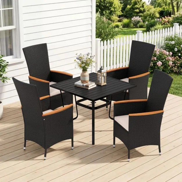 Conjunto de 4 cadeiras de jardim em rattan com encosto alto (MESA NÃO INCLUIDA), braços em madeira de acácia e almofada macia para terraço, alpendre o