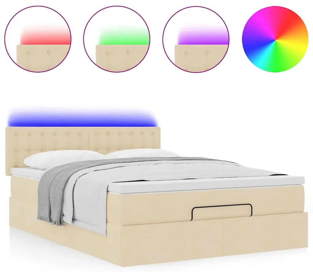 Cama Otomana com Colchão &amp; LEDs Creme 140x200 cm Tecido