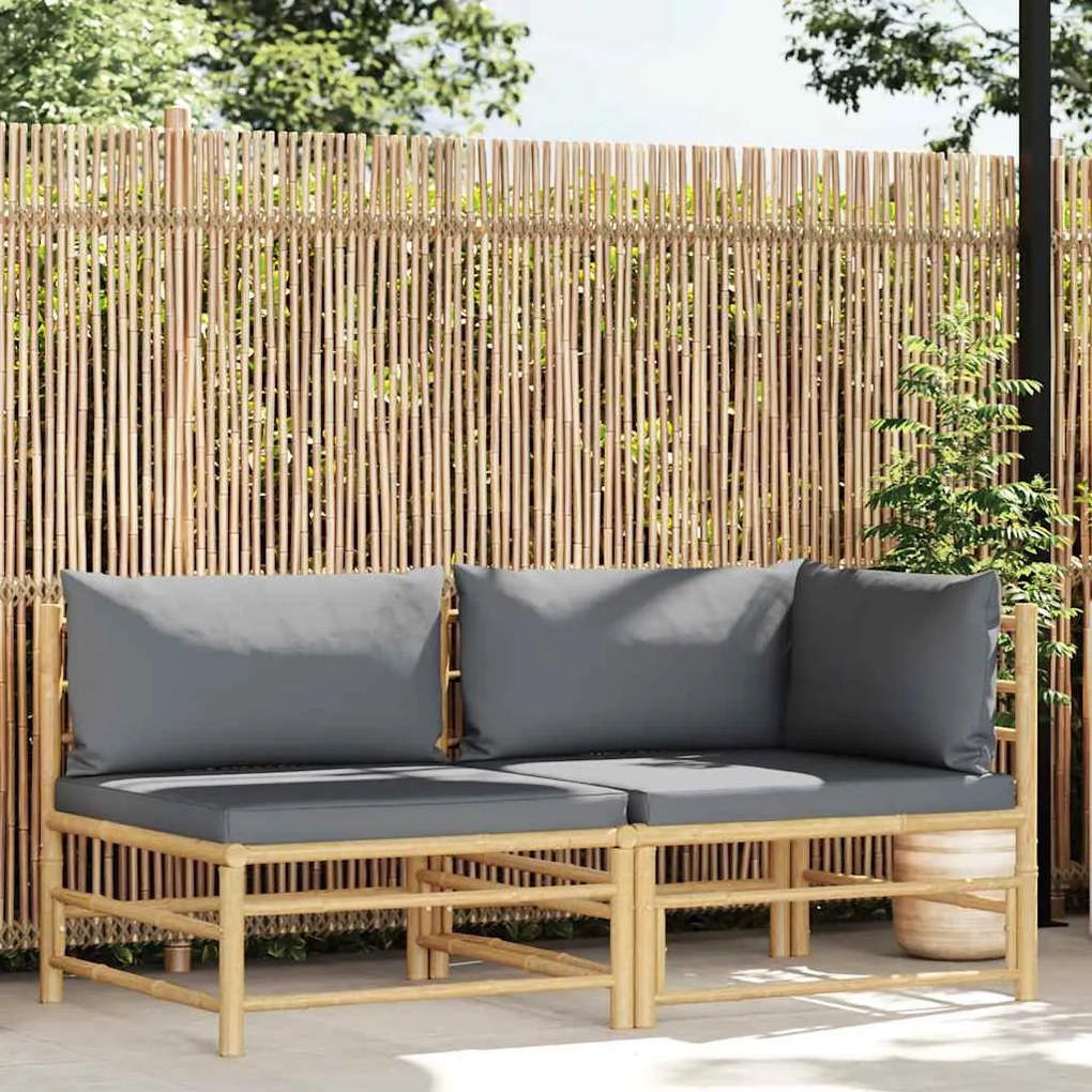 vidaXL 2 pcs conj. lounge jardim em bambu c/ almofadões cinza-escuro