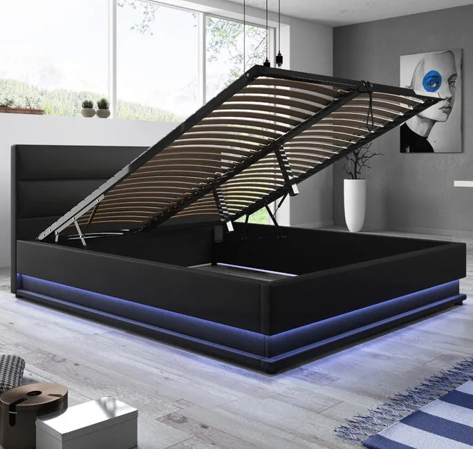 Cama Hidráulica com Arrumação "Naomi" - 150x190 cm - Preto - Polipele