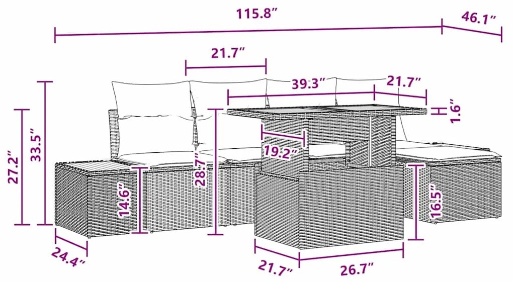 Conjunto de Jantar de Jardim de 6 Peças com Almofadas em Rattan Sintét