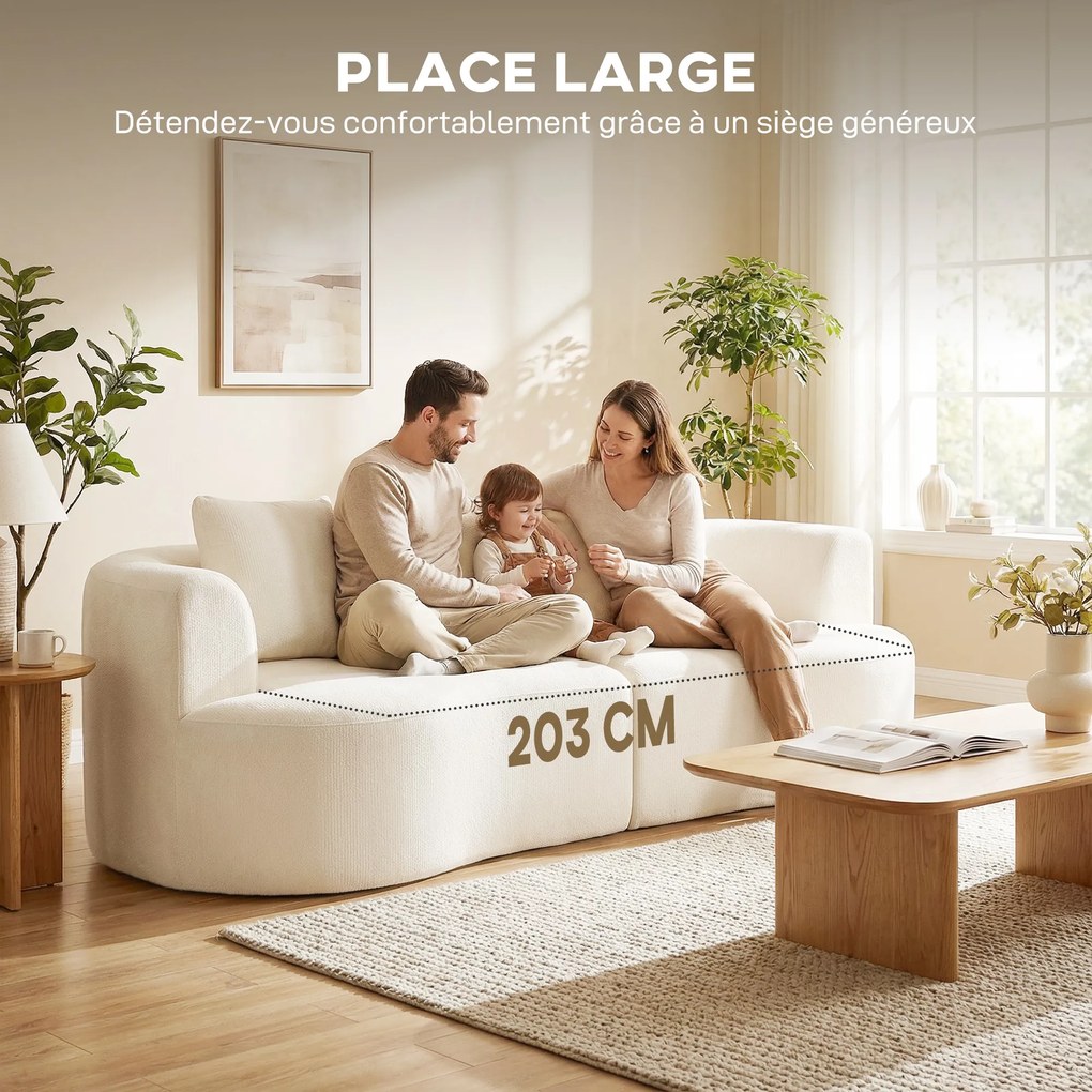 Sofá de 3 Lugares, 260 x 106 x 82 cm, Assento Largo, Creme