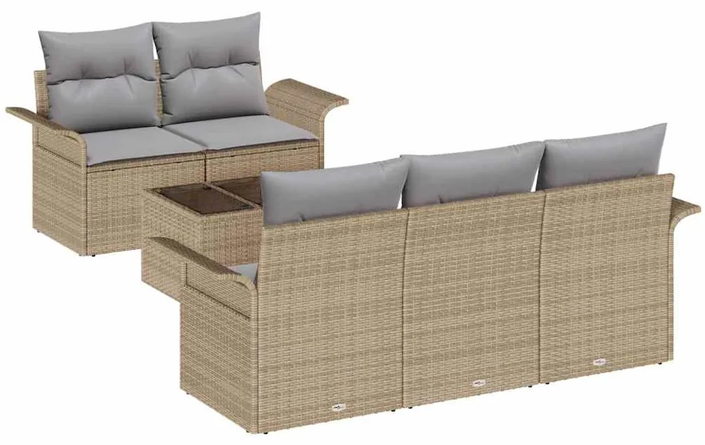 Conjunto de Sofá de Jardim 6 Peças com Almofadas Bege em Poliratan