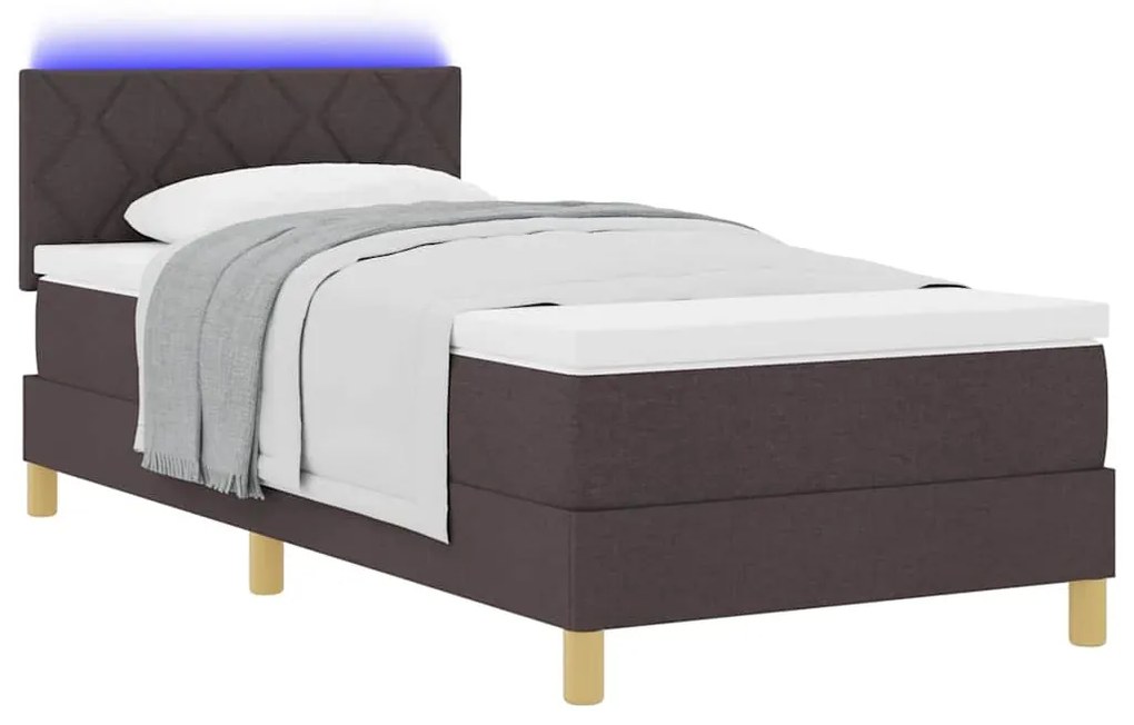 Cama Box Spring com Colchão &amp; LED Castanho 100x200 cm Tecido