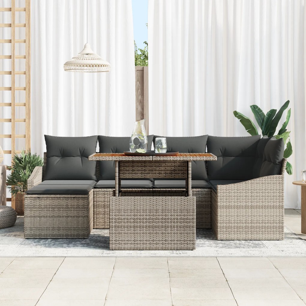 Conjunto de Sofá de Jardim de 7 Peças com Almofadas Cinza Rattan Polié